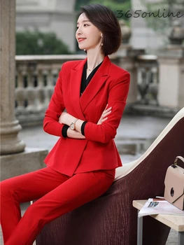 Daamid Office Elegantne Punane Ametlik OL Stiile Äri-Sobib Püksid ja Jakid Pantsuits Naiste Sügis-Talv Bleiserid Komplekt