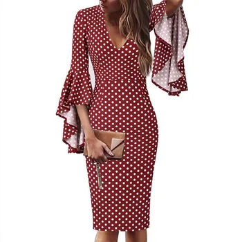 Dilusoo Õie Polka Dot Print Naiste Kleit Seksikas V-Kaelus Täielikult Põletatud Varrukad Midi Pool Kleit Naine Boho Mantel Office Lady Vestido