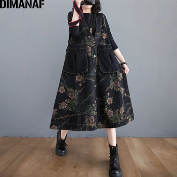 DIMANAF Pluss Suurus Naiste Kleit Vintage Elegantne Daam Vestido Varrukateta Õie Printida Denim Kevadel Teksad Kleit 2021 Naiste Rõivad