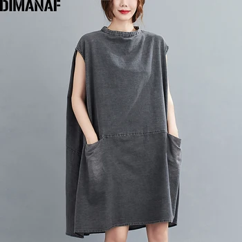DIMANAF Pluss Suurus Naiste Kleit Vintage Paks Denim Teksad Suur Suurus Vestidos Lahti Lady Elegantne Kleit Varrukateta põlvikud Tasku