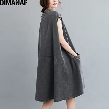 DIMANAF Pluss Suurus Naiste Kleit Vintage Paks Denim Teksad Suur Suurus Vestidos Lahti Lady Elegantne Kleit Varrukateta põlvikud Tasku