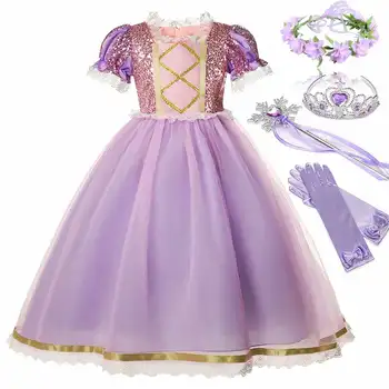 Disney Filmi Sassis Printsess Rapunzel Kostüüm Tüdrukute Lühikesed Varrukad Ehitud Mesh Ball Kleit Kid Peen Rapunzel Pool Kleit