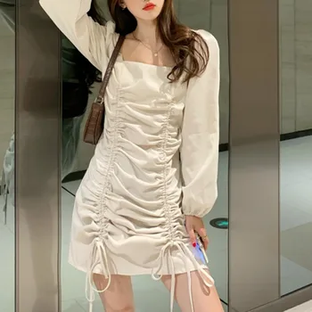 Draped Mini Kleit Naiste Vabaaja OL Style Pits-up Pikad Varrukad Y2k Pool Kleit Square Krae Ühes Tükis Kleit korea 2020. aasta Sügisel
