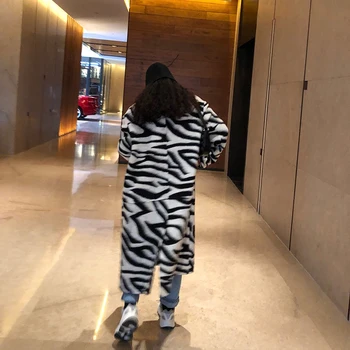 [EAM] Loose Fit Must, Zebra Mustriga Suur Suurus Pikk Villane Mantel Tegumoega Uued Pikad Varrukad Naiste Mood Sügisel Talvel 2021 1DA474
