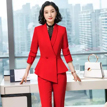 Elegantne Punane Tume Sinine Must Naiste Pant Sobiks Office Lady Kaks Tükki Set Suurused S-4XL Sall Krae Bleiser Karv Pant Seatud
