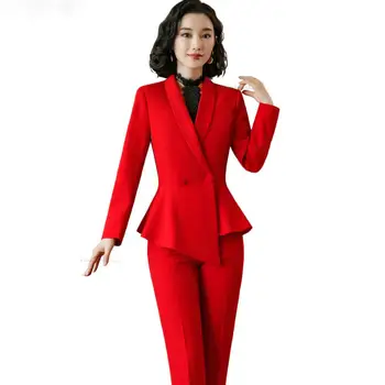 Elegantne Punane Tume Sinine Must Naiste Pant Sobiks Office Lady Kaks Tükki Set Suurused S-4XL Sall Krae Bleiser Karv Pant Seatud
