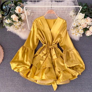Elegantne Suur Puhvis Varrukad Punane Kleit Naistele 2020 Seksikas, Sügav V-kaelus Sünnipäeva Nighclub Mini Ruffle Kleit Rüü Femme