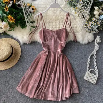 Elegantne Vintage Gooti Spagetid Rihm Kleit 2019 Varasügisel Põhilised Naiste Lühike Peokleidid Slim Kõrge Vöökoht Mini Kleit