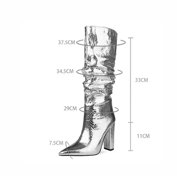 Euroopa ja Ameerika stiilis paks kanna murra kõrged saapad, küljel tõmblukk naiste saapad hõbe saapad suured suurused naiste kingad talv