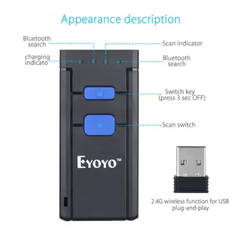 EYOYO MJ-2877 Mini Vöötkoodi 1D 2.4 G Traadita triipkoodi Skänner Android, IOS, Windows Bluetooth-Scanner