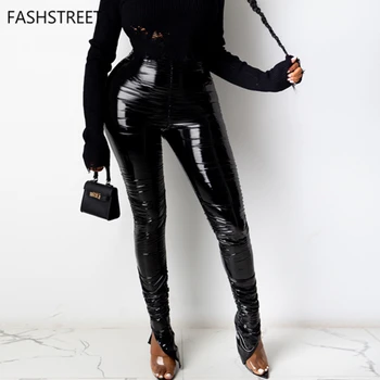FASHSTREET Kõrge Vöökoht PU Nahast Püksid Naiste Skinny Püksid Tahke Lõhik Laotud Säärised Naine Streetwear Varustus Klubi