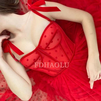 FDHAOLU FU113 Uute tulijate Punane Kullake Dot net Bustier Pihik Tanssiaiset Kleit Elegantne-Line Rihmad Pikk Õhtu Kleit Plisseeritud