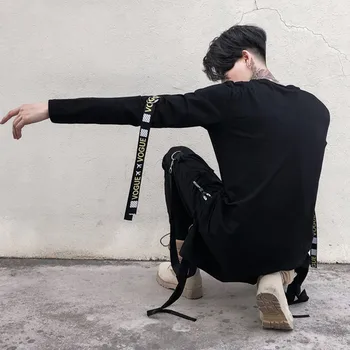 High street hop t-särk meeste Pikk varrukas Laiendatud Etapp tops Slim fit Musta värvi korea jahe, Sügis-Kevad