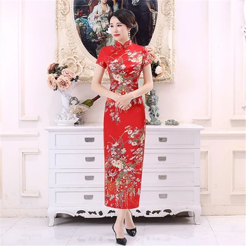 Hiina stiilis pikk cheongsam suur pilu, trükitud kimono seelik daamid bankett näitavad, pluss suurus kleit seksikas slim Qipao rüü chinoise
