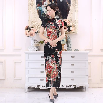 Hiina Traditsiooniline Kleit Flower Print Elegantne Lühike Varrukas Cheongsam Seista Krae Pingeline Bodycon Kleit Cheongsam Naiste Kleit