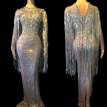 Hõbe Kivid Pikk Kleit Crystal Narmastega Kleit Naine Kõnniteed Pulmi, Sünnipäeva Tähistada Pikk Kleit Naiste Etapi Tantsu Kostüümid