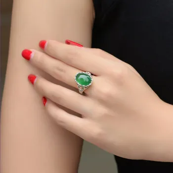 Hõbe Pinnatud Dekoratiivse Mustriga Ovaalse Kujuga Roheline Väravad Resizable Sõrme Sõrmus Naiste Ehted