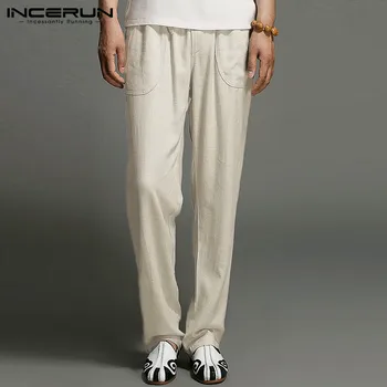 INCERUN 2021 Vintage Meeste Vabaaja Püksid Joggers Tahke Taskud Puuvill Pantalon Retro Hubane Vaba aja veetmise Pikad Püksid Meeste Streetwear