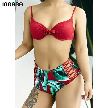 INGAGA Kõrge Waisted Bikiinid Komplekti Push Up Ujumistrikood Pits-up Supelrõivad Naiste Sõlmes trikoo 2021 Must Seksikas Brazilian Bikinis