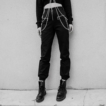 InsDoit Harajuku Punk Kõrge Vöökoht Mustad Püksid Naiste Gooti Streetwear Metallist Kett Segast Püksid Sügis Tõmblukk Cargo Püksid