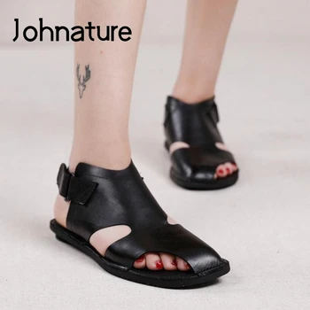 Johnature 2020 Uued Naiste Sandaalid On Naturaalsest Nahast Suve Naiste Kingad Konks & Loop Vabaaja Retro Õmblemine Korter Koos Daamid Sandaalid