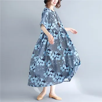 Johnature korea Vintage Suur Õie Printida Pluss Suurus Naiste Kleidid 2021 Suvel Uue O-kaeluse, Lühikeste Varrukate Taskud Naiste Kleit