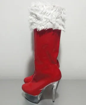 Jõulud punased sirge säärega saapad, poeg Santa juuksed kõrge säärega saapad, 15cm väliskaubanduse kõrged kontsad ja põlve daamid Tantsu Kingad