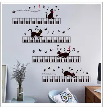Kass Klaveri muusika seina kleebised lastele tuba, magamistuba kunst Taust PVC pesa socle liblikas seina kaunistamiseks