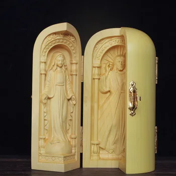 Katoliku säilmed kolm avatud kastid käsitöö ehteid Jeesus Madonna Joseph Christian kingitused pukspuu nikerdamist kaunistused