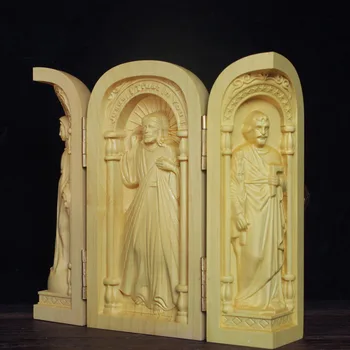 Katoliku säilmed kolm avatud kastid käsitöö ehteid Jeesus Madonna Joseph Christian kingitused pukspuu nikerdamist kaunistused
