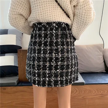 KHALEE YOSE Ruuduline Tweed Mini Seelik Naiste Nuppu Front Office Lady Seelikud-Line Pliiats Seelik Sügis Kevad Elegantne Jupe 2020