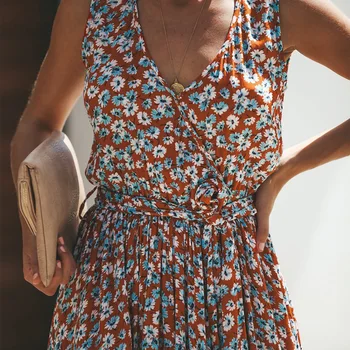 Kleit Naiste Vintage Õie Trükitud Suvine Kleit ilma Varrukateta ja V-kaelus Pluss Suurus Split Maix Kleit Naiste Kleidid Puhkus 2019 Uus