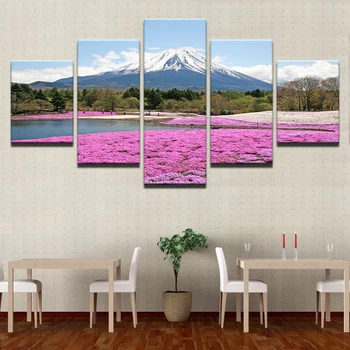 Kodus Seina Art Decor Pilte HD Pildid Plakatid 5 tk Mount Fuji Snow Mountain Roosad Lilled Mere Maastiku Maalid Raamistik