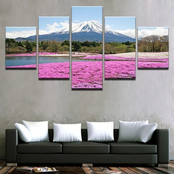 Kodus Seina Art Decor Pilte HD Pildid Plakatid 5 tk Mount Fuji Snow Mountain Roosad Lilled Mere Maastiku Maalid Raamistik