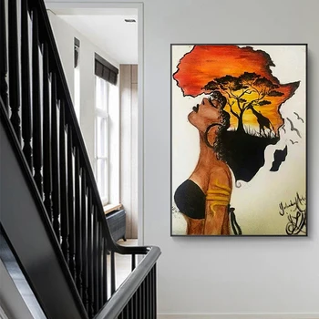 Kokkuvõte Aafrika Kaart Naine Päikeseloojangut Lõuendile Maali Plakatid ja Pildid Quadros Seina Art Pilt elutuba Home Decor Cuadros