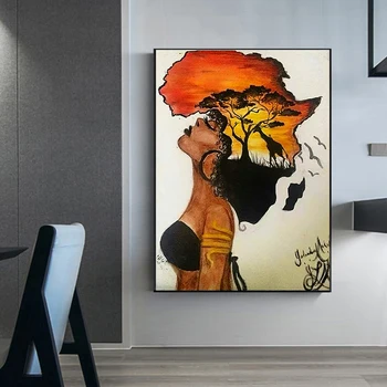 Kokkuvõte Aafrika Kaart Naine Päikeseloojangut Lõuendile Maali Plakatid ja Pildid Quadros Seina Art Pilt elutuba Home Decor Cuadros