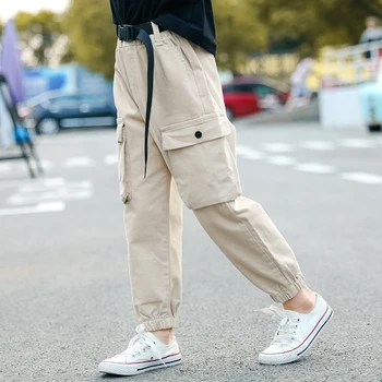 Korea Fashion Teen Girl Puuvillased Cargo Püksid Streetwear Lapsed Laste Kõrge Waisted Vabaaja Püksid Koos Vööga Beež Armee Roheline