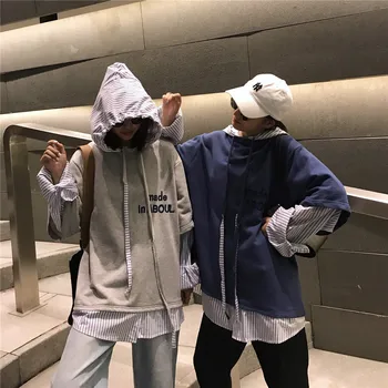 Korea Harajuku BF naiste lahtised tikitud tähed võltsitud kaks-töö õmblemine kapuutsiga pikkade varrukatega Kirja dressipluus triibud hip-hop
