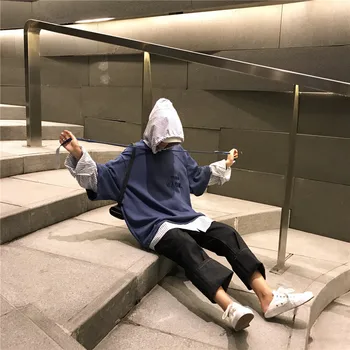 Korea Harajuku BF naiste lahtised tikitud tähed võltsitud kaks-töö õmblemine kapuutsiga pikkade varrukatega Kirja dressipluus triibud hip-hop