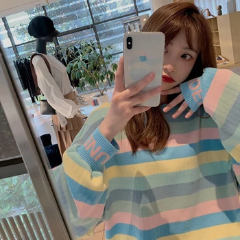 Korea Harajuku Värviline Triip Sviitrid Naiste Sügis Vikerkaare Sviitrid Tops Pullover