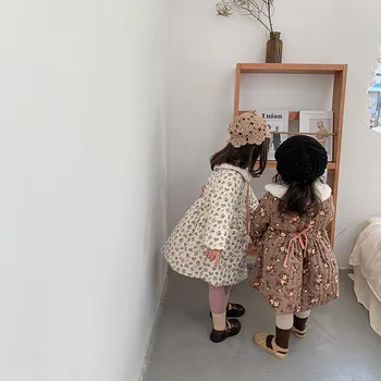 Korea Mori Tüdruku Õie Tepitud Puuvillase Lapiga Kleidid Laste Lill Trükitud Puuvillane Polsterdatud Kleit Ilma Lambaliha, Vill Krae