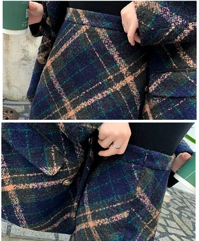 Korea Stiilne Kašmiir Ruuduline Kahe-Osaline Komplekt, Naiste Paksenema Soe Keera Krae Pintsak Jakk Tweed Seelikud Sobivad Naine Atumn Talvel