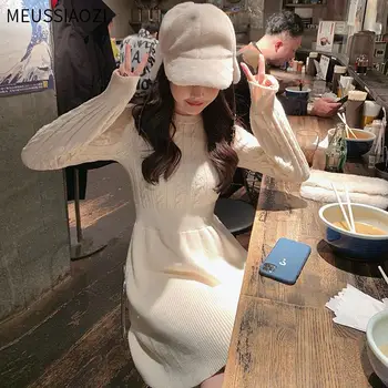 Korea Stiilne Pruuni Talve Silmkoelised Daamid Kleidid Venitada Joon Vintage Jõulud Kleit Soe Pikk Varrukas Kampsun Kleit Naistele
