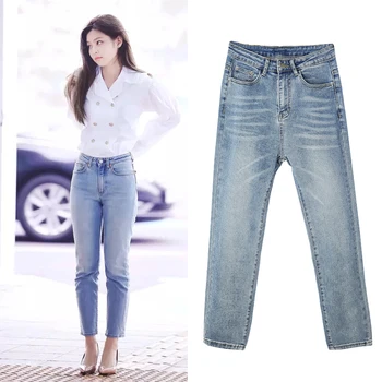 Kpop korea Kuulsus sama 2021 helesinine Sirge naiste teksad slim venitada üheksa püksid daamid streetwear kõrge vöökoht denim püksid
