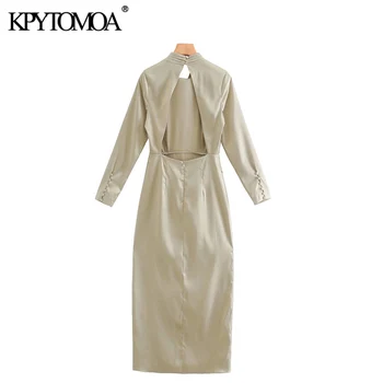 KPYTOMOA Naiste 2020 Stiilne Mood Crossover Detail Hubane Midi Kleit Vintage Kõrge Kaeluse Backless Pilu, Naiste Kleidid Vestidos