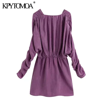 KPYTOMOA Naiste 2020 Stiilne Mood Plisseeritud Hubane Mini Kleit Vintage V-Kaelus Pikk Varrukas Elastne Vöökoht Naiste Kleidid Vestidos Mujer
