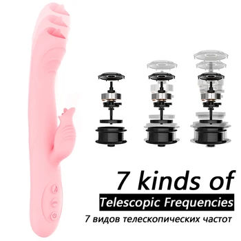 Kütte-teleskoop Keele kahekordne pea Dildo vibraator G-Spot Massager oraalseksi Kliitori Stimulaator Naine Masturbation Erootiline mänguasi
