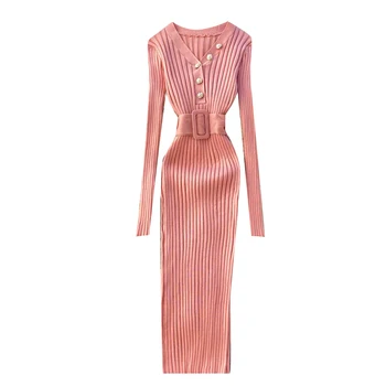 Lady Kootud Kampsun Kleit 2020 Naiste Uus Mood Sügisel Talvel Õhuke Pit Pikkade varrukatega Värviga Pakett Hip Vestidos Q435