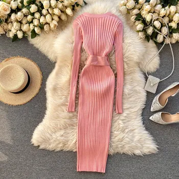 Lady Kootud Kampsun Kleit 2020 Naiste Uus Mood Sügisel Talvel Õhuke Pit Pikkade varrukatega Värviga Pakett Hip Vestidos Q435