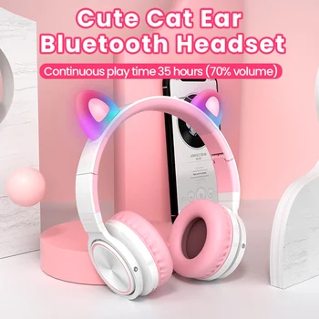 Lapsed Bluetooth5.0 Armas Kass Kõrva Traadita Kõrvaklapid Hifi Stereo Kõrvaklapid Müra Tühistamises Kõrvaklapid LED Helendav Mikrofoniga